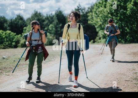 Tre amici che escurzionano su un sentiero sterrato con zaini e bastoni da trekking in una foresta soleggiata Foto Stock