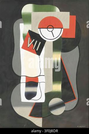 Tempo (Le Temps), 1929, di Georges Valmier. Olio su tela, pittura cubista astratta con una composizione centralizzata di forme geometriche interconnesse, tra cui un quadrante dell'orologio arancione con una sola lancetta e un quadrato nero con il numero romano VII su uno sfondo grigio scuro Foto Stock