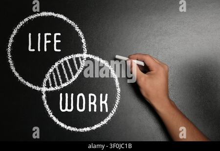 Equilibrio tra vita e lavoro. Uomo che disegna su una lavagna nera, primo piano Foto Stock