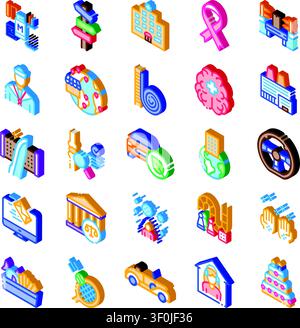 Collezione diversificata di icone isometriche colorate che illustrano vari concetti moderni tra cui comunicazione, salute, ambiente, istruzione, trasporti Illustrazione Vettoriale