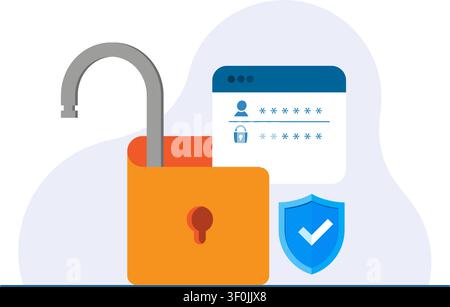 Illustrazione vettoriale di una serratura aperta accanto a uno schermo dell'interfaccia di login utente e uno scudo di protezione blu con segno di spunta Illustrazione Vettoriale