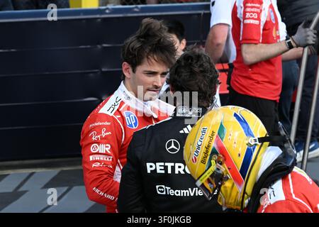 Regno Unito, Silverstone, 4 luglio 2026, Charles Leclerc, Kimi Antonelli, Lewis Hamilton, Ferrari, Mercedes, durante il giorno di qualificazione di F1, Copyrigh Foto Stock