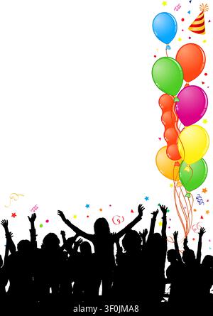 Telaio di partito con palloncino e sagome danzanti, elemento di design, illustrazione vettoriale Illustrazione Vettoriale