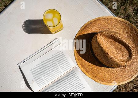 Una scena estiva rilassante presenta un cappello di paglia, un libro aperto e un bicchiere rinfrescante di succo d'arancia con cubetti di ghiaccio su una superficie illuminata dal sole. Perfetto per lei Foto Stock