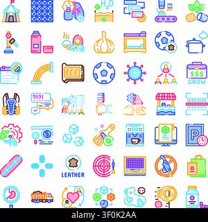 Set di icone della linea vettoriale che raffigura diversi aspetti, industria, sport, cibo, edilizia, la tecnologia e l'obiezione quotidiana hanno delineato per noi i simboli Illustrazione Vettoriale