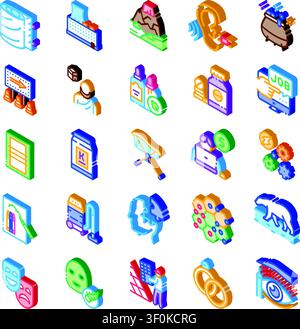 Raccolta diversificata di icone isometriche che illustrano temi quali business, finanza, tempo libero, salute, viaggi, tecnologia, istruzione e arte per il web a. Illustrazione Vettoriale