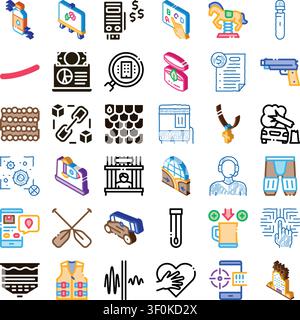 Varie illustrazioni di sagoma e isometriche che formano un ampio e diversificato insieme di moderni pittogrammi grafici, che rappresentano diversi concetti per il web, i dispositivi mobili, Illustrazione Vettoriale