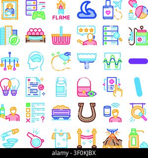Set diversificato di icone lineari che illustrano un'ampia gamma di elementi digitali e reali, tra cui tecnologia, medicina, natura, stile di vita, viaggi, an Illustrazione Vettoriale