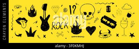 Grigiolo punk. Icone adesive di teschi rock audaci. Trame di scarabocchi a matita grunge. Tratti di pennello di collage audaci. Illustrazione vettoriale su giallo Illustrazione Vettoriale