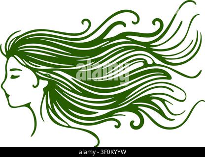 Illustrazione di un ritratto di sirena con occhi chiusi e lunghi capelli fluenti disegnati in uno stile lineare ornamentale Illustrazione Vettoriale