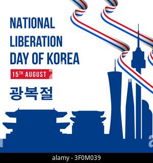 Banner della Giornata della Liberazione della Corea del Sud con silhouette di un punto di riferimento Illustrazione Vettoriale