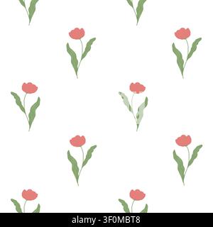 Fiori primaverili con petali e foglie strette. Illustrazione ad acquerello. Il motivo floreale senza cuciture è isolato sullo sfondo. Per tessuti, w Foto Stock