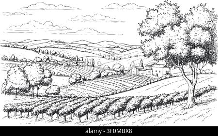 Caffè brasiliano, panorama di una piantagione di caffè, colline, case all'orizzonte. Illustrazione digitale. Disegno a matita grafica, minimalismo. Albero di caffè Illustrazione Vettoriale