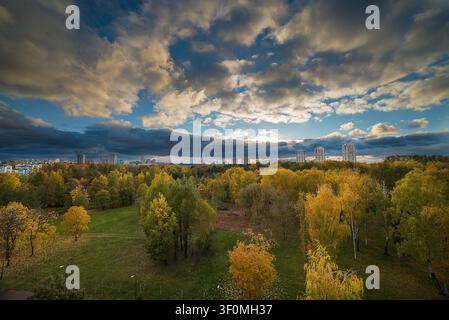 Una vista grandangolare elevata cattura un vasto parco urbano in pieno colore autunnale. Foto Stock