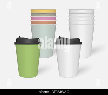 Tazze da caffè monouso in carta bianca e colorata con coperchi in plastica nera, mock-up. Pile di tazze per bevande da asporto vuote, modello. Modello vettoriale Illustrazione Vettoriale