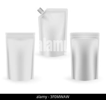 Buste stand up vuote, set di mockup vettoriale. Sacchetti per la conservazione degli alimenti, modello. Illustrazione Vettoriale