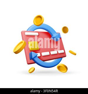 Carta di credito 3D con freccia circolare e monete d'oro. Illustrazione Vettoriale