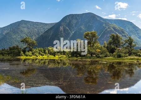 Un fiume o lago poco profondo e riflettente in primo piano incornicia un fondo di valle lussureggiante e verdeggiato, bordato da salici e alberi caducifogli. Foto Stock
