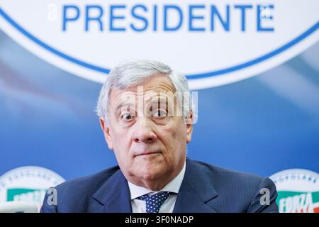 Roma, Italia. 09 luglio 2026. Il segretario di Forza Italia Antonio Tajani durante la presentazione della campagna per le adesioni 2026, Roma, Giovedì 9 Luglio 2026 (Foto Roberto Monaldo/LaPresse) Segretario del partito Forza Italia Antonio Tajani durante la presentazione della campagna di adesione 2026, Roma, Giovedì 9 Luglio 2026 (Foto di Roberto Monaldo/LaPresse) Credit: LaPresse/Alamy Live News Foto Stock