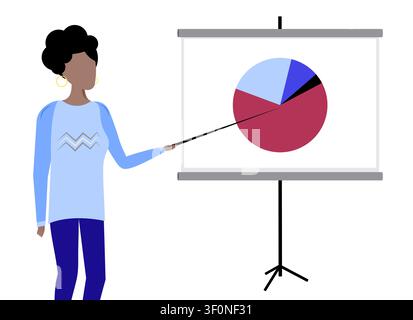 Donna d'affari che indica un grafico a torta della quota di mercato su flipchart - illustrazione vettoriale Illustrazione Vettoriale