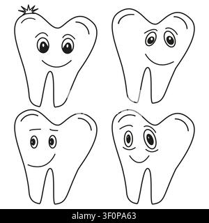 Set di personaggi di denti sani e stanchi. Simboli per la salute e la cura dentale. Mascotte di cartoni animati vettoriali Illustrazione Vettoriale