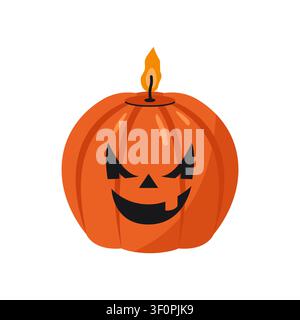 Illustrazione vettoriale di candela zucca spettrale per Halloween con volto spaventoso intagliato e fiamma accesa Illustrazione Vettoriale