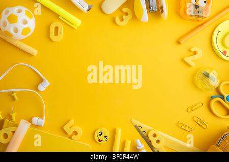Oggetti educativi, materiale scolastico e accessori per ufficio sono disposti ordinatamente su uno sfondo giallo brillante, mostrando una collezione vivace per le Foto Stock
