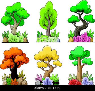 Alberi vibranti in stile cartoon, colorati e stravaganti. Ogni albero ha una forma e un colore delle foglie unici. La base mostra un fogliame vario e rocce. Perfetto per ga Illustrazione Vettoriale