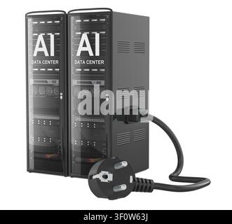 Rack di server di data center AI con spina e cavo di alimentazione. Uso energetico nel calcolo dell'intelligenza artificiale, concetto. Rendering 3D isolato su sfondo bianco Foto Stock