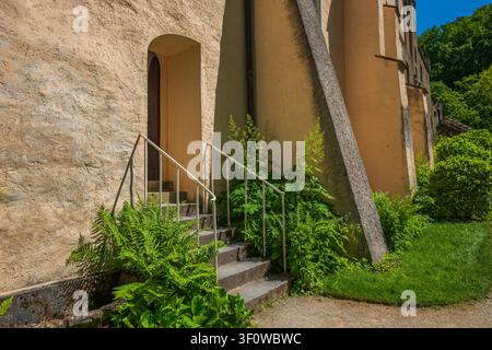 Gradini di pietra con ringhiere bianche che conducono a un portone di castello medievale, con pareti in stucco texture e felci verdi rigogliose a Stolzenfels, Germania Foto Stock