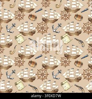 Design impeccabile con barche a vela storiche, ancore, ruote del timone e altri accessori per navi. Illustrazioni ad acquerello disegnate a mano. Su sfondo marrone Foto Stock