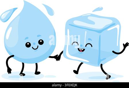 Personaggi carini a forma di goccia d'acqua e cubo di ghiaccio. Blocco di ghiaccio in cartone animato e goccia rinfrescante per bevande fredde. Mascotte ghiacciate felici che si tengono per mano. Illustrazione Vettoriale