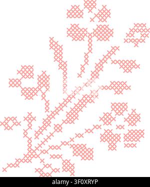Ricamo a punto croce rosa, bouquet di fiori di campo isolato su sfondo bianco. Un motivo geometrico pixelato di ramo di fiore selvatico per Illustrazione Vettoriale