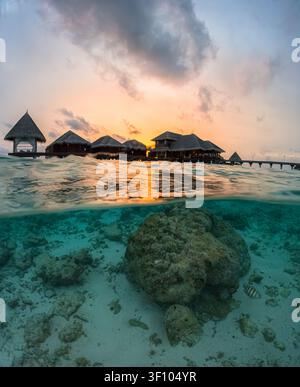 Vista a due livelli al tramonto di un'isola tropicale e di una barriera corallina alle Maldive, Oceano Indiano, che mostra sia il paesaggio sopra l'acqua che quello subacqueo Foto Stock