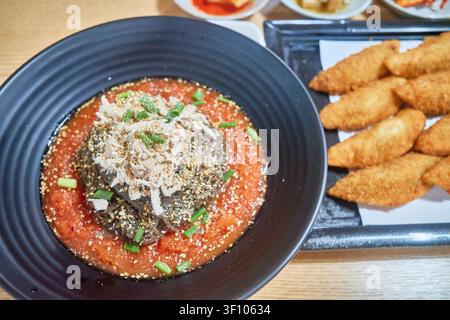 Tagliatelle di grano saraceno coreane raffreddate con brodo rosso piccante e pollo sfilacciato, abbinate a gnocchi fritti croccanti. Un'esperienza culinaria estiva classica. Foto Stock