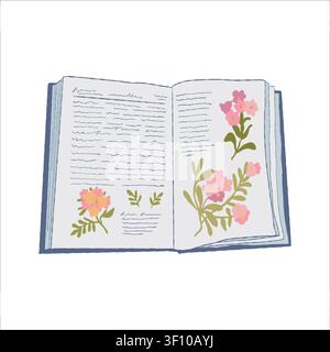 Illustrazione vettoriale di un libro aperto. Clipart enciclopedico con fiori in stile piatto, isolato su sfondo bianco. Biblioteca. Letteratura educativa e scolastica, libro di testo. Illustrazione Vettoriale