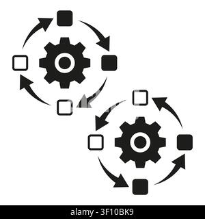 Collezione di cicli di elaborazione dei dati con set vettoriale nero. Simboli geometrici a ingranaggi a blocchi migliorano i progetti di sincronizzazione tecnologica. eps 10 Illustrazione Vettoriale