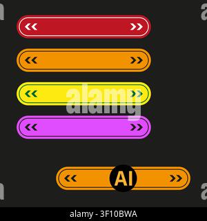 Collezione di pulsanti UI colorati presenta un set vettoriale scuro. Simboli di intelligenza artificiale IA migliorano i progetti di app tecnologiche. eps 10 Illustrazione Vettoriale