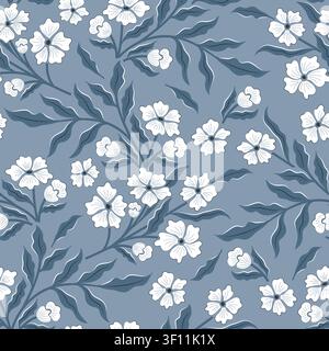 Motivo floreale bianco senza cuciture con foglie blu scuro Illustrazione Vettoriale