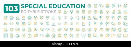 Set di icone lineari a due colori per l'educazione speciale Illustrazione Vettoriale