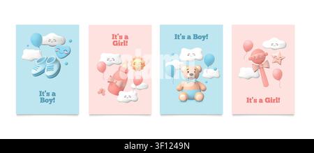 Sfondo per baby shower. Modello di biglietto per un neonato maschio, femmina o bambino. Design per compleanno di un bambino con palloncini 3D. Modelli di poster verticali per inviti pastello con icone render carine. Set di illustrazioni vettoriali Illustrazione Vettoriale