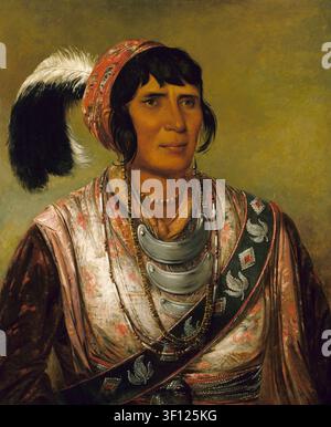 Immagine storica di Os-ce-o-lá, The Black Drink, un Guerriero di grande distinzione, dipinto nel 1838 da George Catlin. Il ritratto raffigura il rinomato leader Seminole Osceola con indumenti tradizionali, gorghi d'argento, lavori di perline e un copricapo piumato durante la Seconda Guerra Seminole. Foto Stock