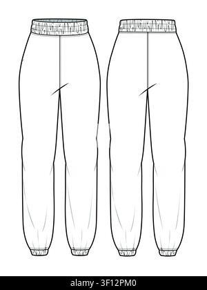 Pantaloni da jogging donna vista frontale e posteriore schizzo piatto tecnico illustrazione vettoriale mockup. Illustrazione Vettoriale