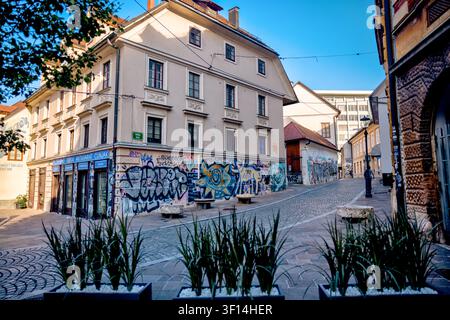 Edifici storici ricoperti di graffiti lungo una tranquilla strada acciottolata nel centro di Lubiana, in Slovenia. Foto Stock