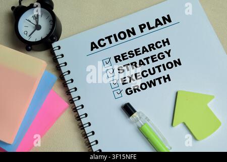Concetto di piano d'azione. Ricerca, strategia, esecuzione, crescita scritto su libro isolato su tavolo di legno. Foto Stock