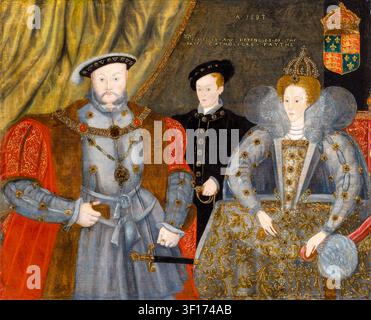 Enrico VIII, Elisabetta I ed Edoardo VI, ritratto di gruppo familiare dipinto a olio su pannello, 1597 Foto Stock