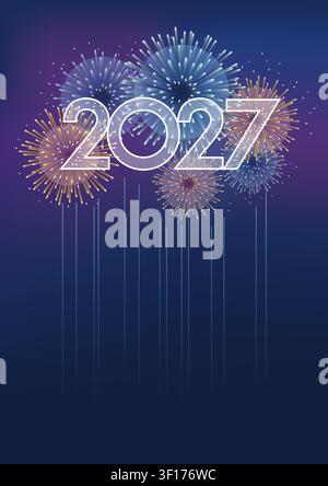Il logo dell'anno 2027 con fuochi d'artificio celebrativi con il testo Spazio che celebra il nuovo anno. Illustrazione vettoriale. Illustrazione Vettoriale