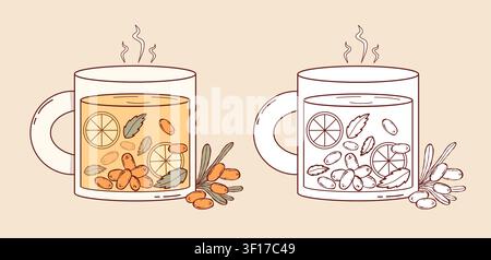 Tè caldo di bacche di spine di mare in una tazza di vetro con fette di limone e menta. Bevanda autunnale accogliente con vapore fumante e bacche fresche. Colore e linea isolati Illustrazione Vettoriale