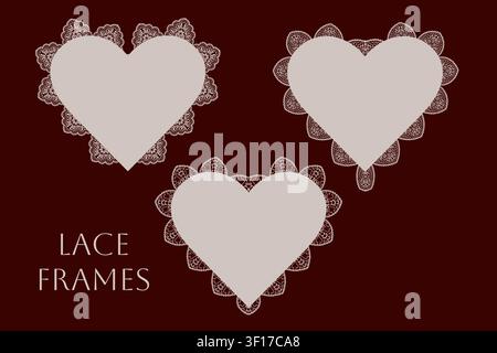 Collezione di cornici di pizzo vintage a forma di cuore con bordi decorativi ispirati al ricamo romantico per inviti di nozze e biglietti di auguri di San Valentino Illustrazione Vettoriale