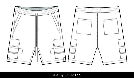 Modello di mockup di progettazione vettoriale per pantaloncini da escursione, disegno piatto tecnico. Illustrazione Vettoriale